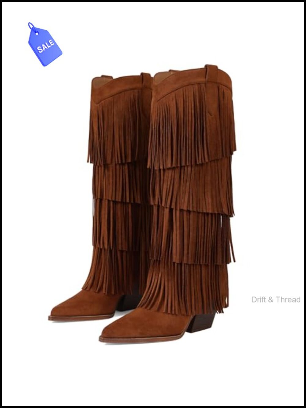 Womens Fringe Knee High Cowboy Boots Chunky Heel Pointed Toe Wide Calf